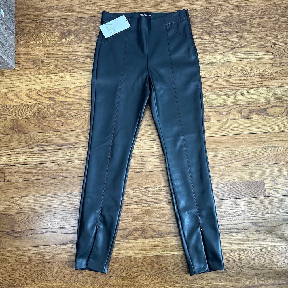 Zara Black Faux Leather Splint Hem High Rise Skinny Pants